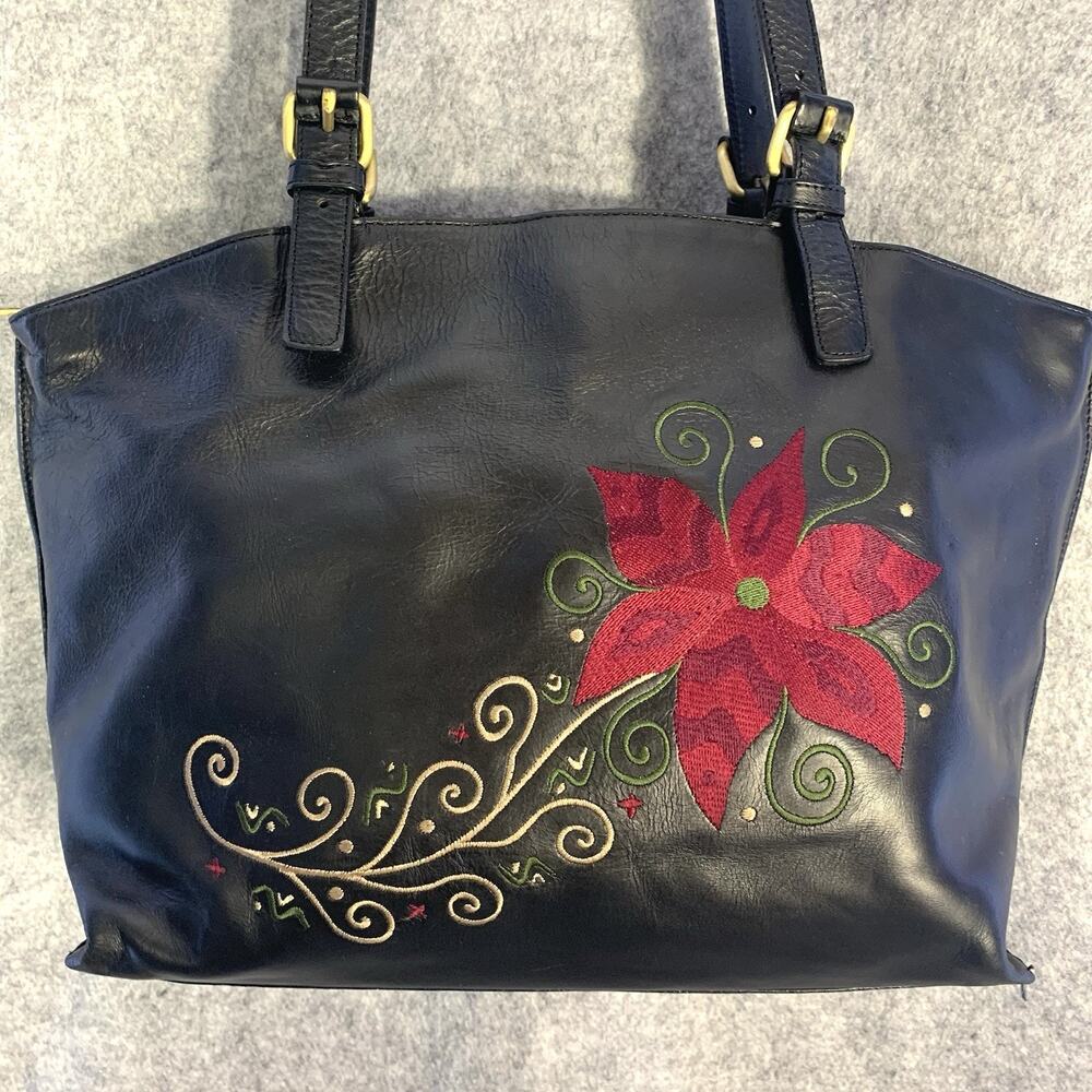 Maxx New York Black Leather Vintage Shoulder Hobo Bag, Embroidered Red Flower